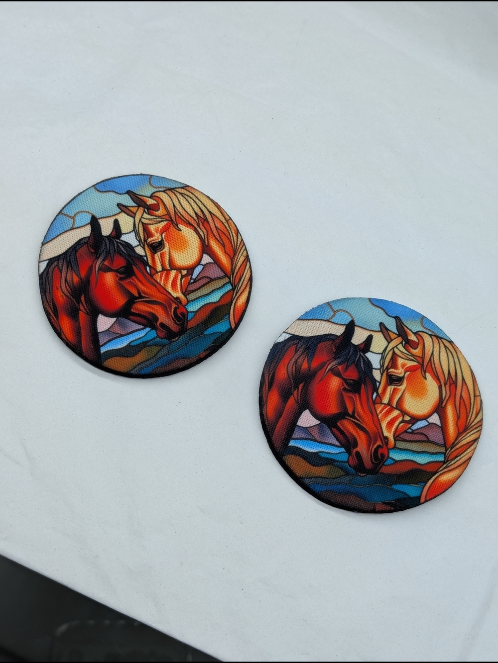Colorful Horse Round Car Coasters - Set Of 2